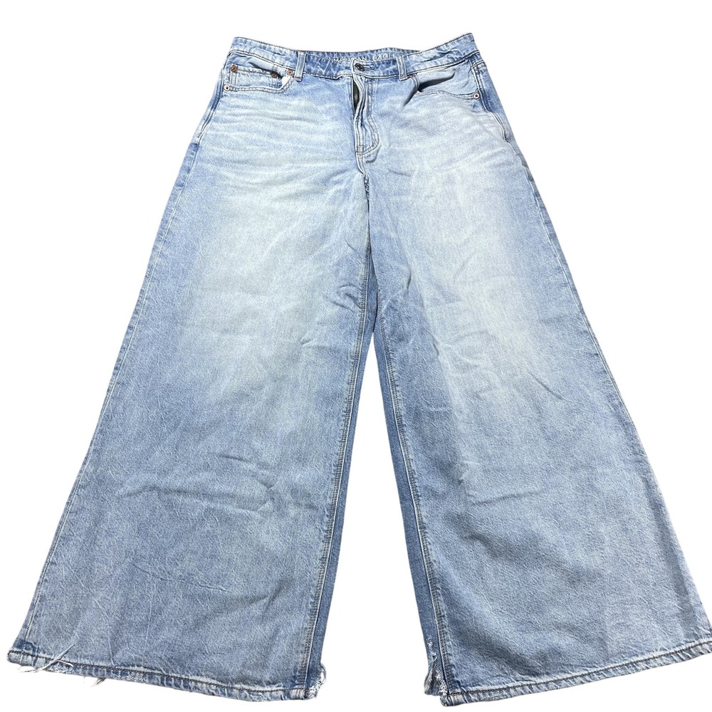 American Eagle Super High Rise Wide Leg Jeans Womens 10 Short Light Wash 32x27